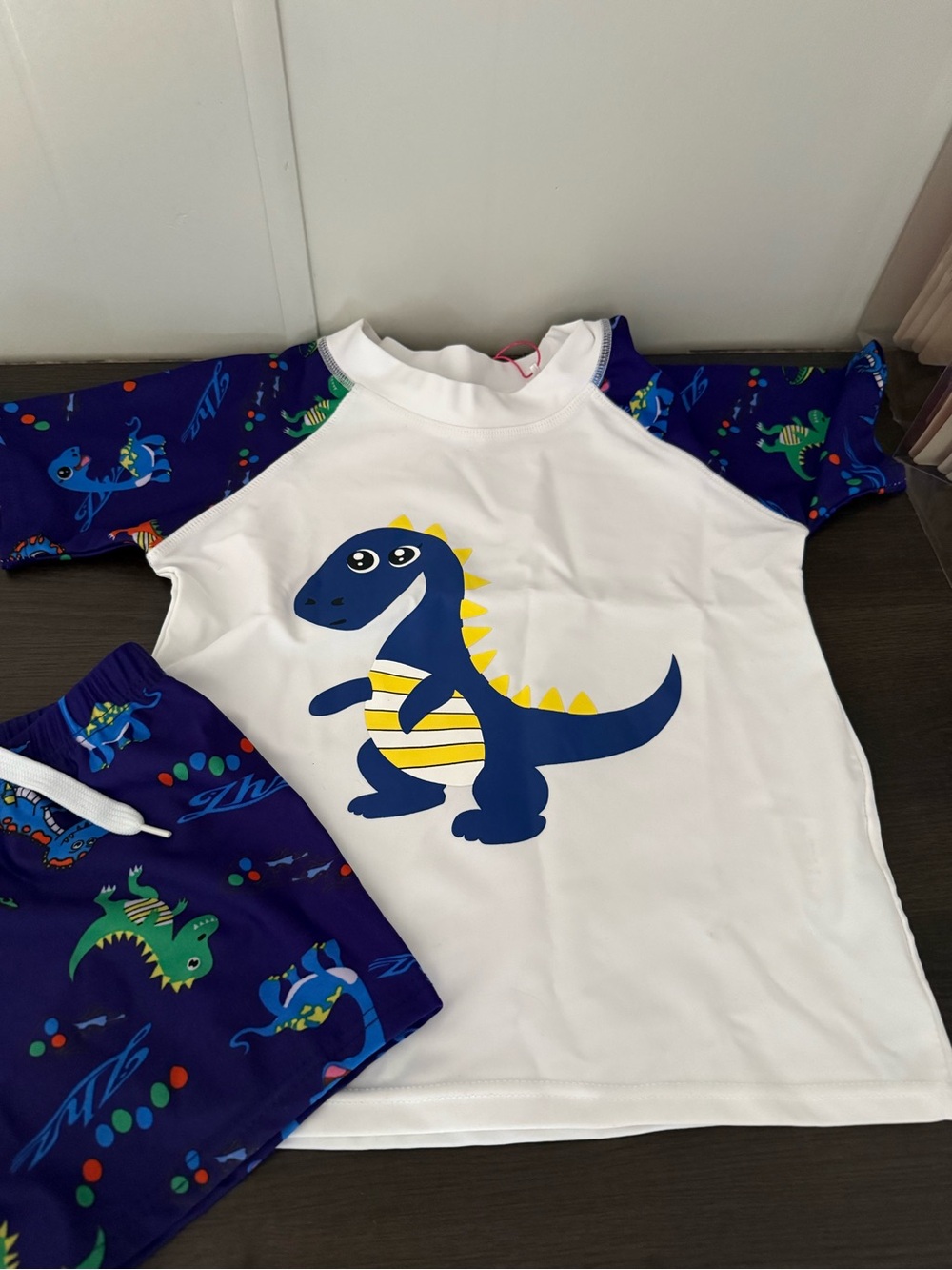 Kids White & Blue Dino Rashguard Swim Shirt